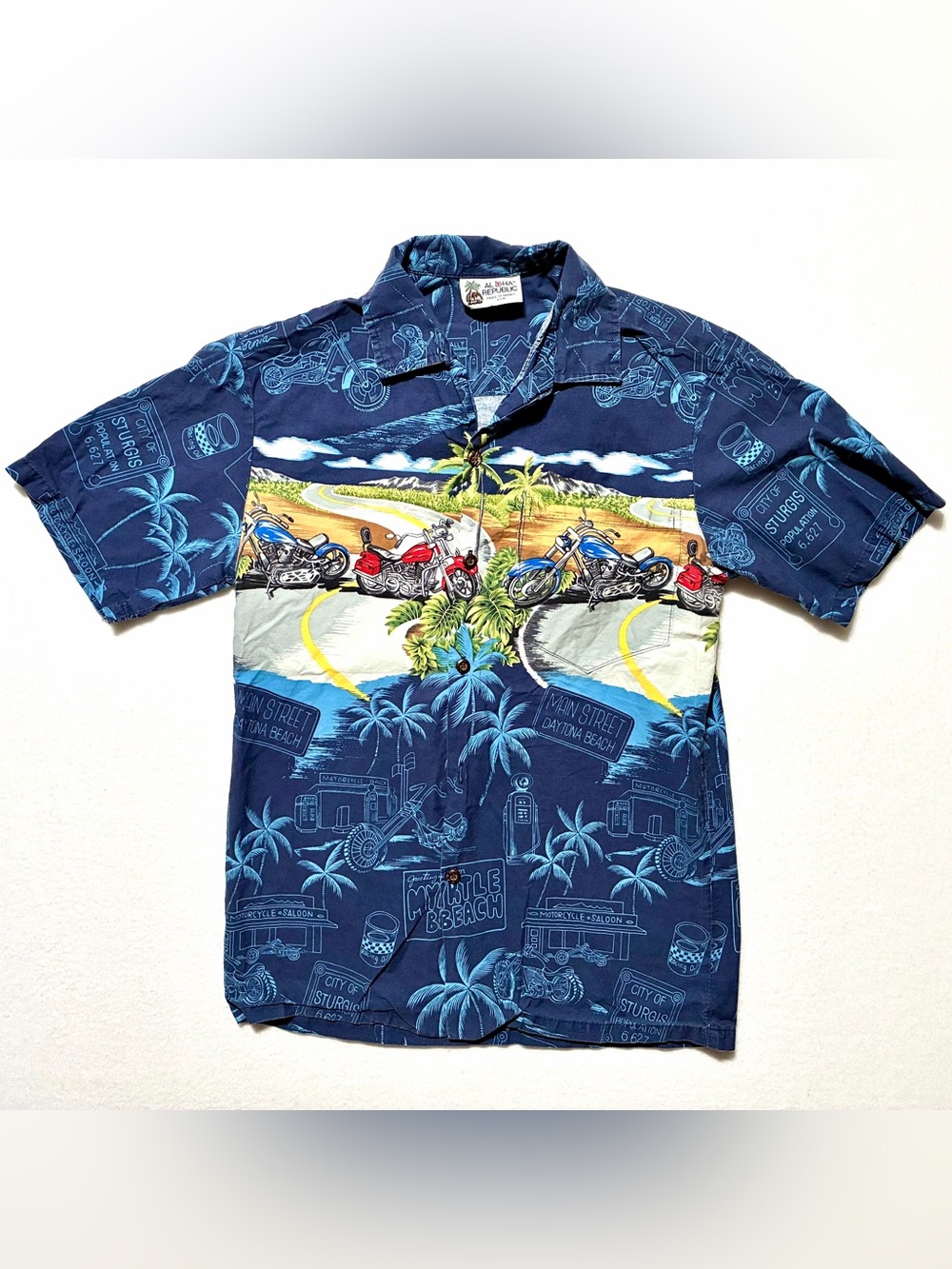 Aloha Republic Hawaiian Shirt Button Up W/Pocket Motorcycle Design Size Small